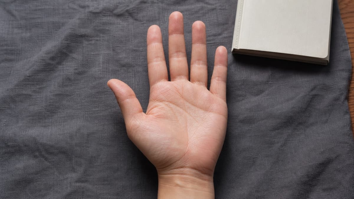 明るい机の上で手首側から中指方向へ伸びる運命線を観察している様子