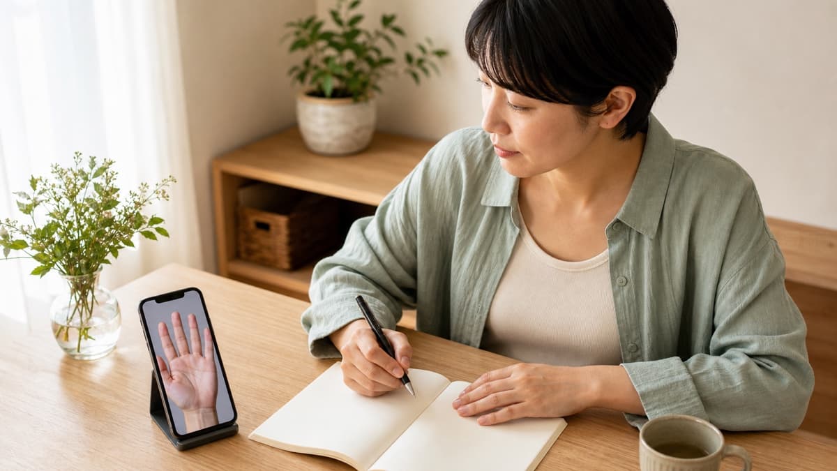 手のひら写真が表示されたスマートフォンとノートを前に、鑑定結果を落ち着いて読み返す様子
