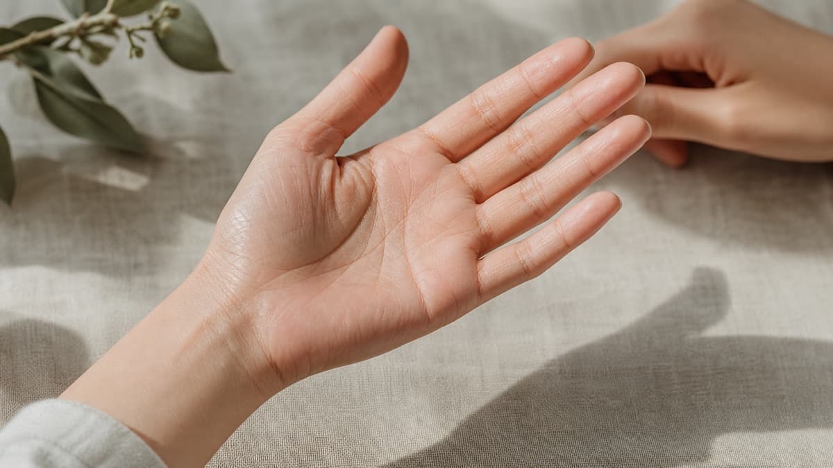 やわらかい自然光の下で手のひらの線の濃淡を観察している様子