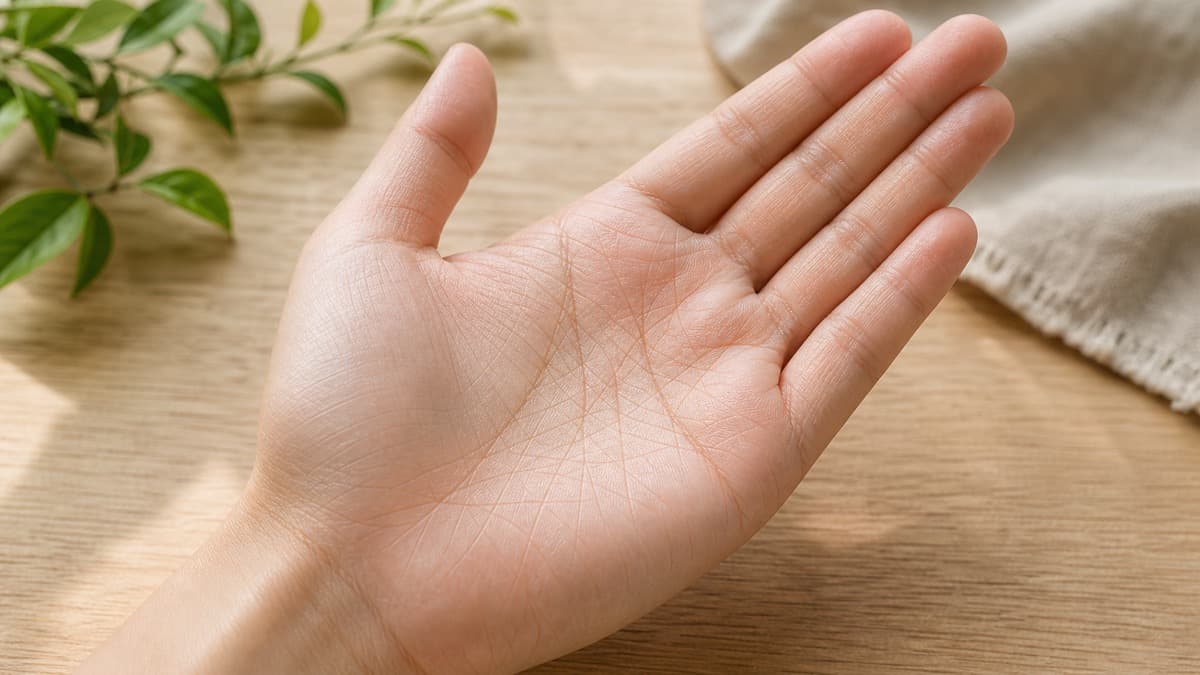 自然光の下で手のひら全体の線の多さを観察している様子