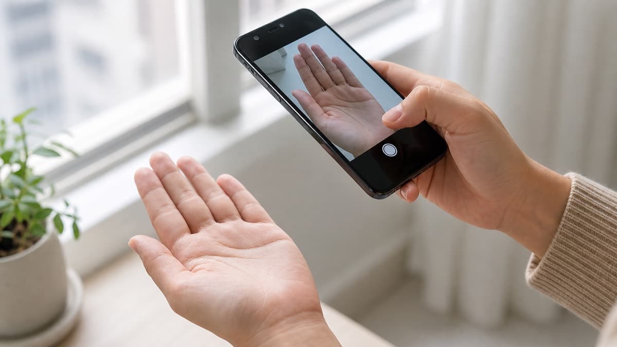 明るさを調整しながらスマートフォンで手のひらを撮り直している様子