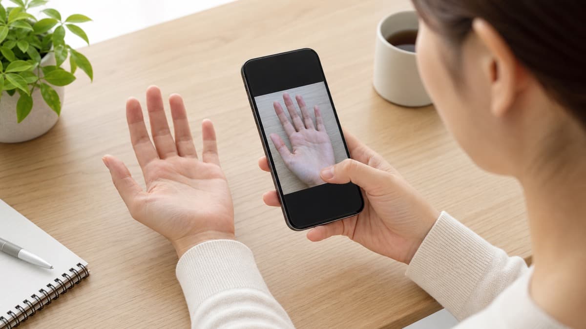 スマートフォンで手のひら写真を送信する前に内容を確認している様子