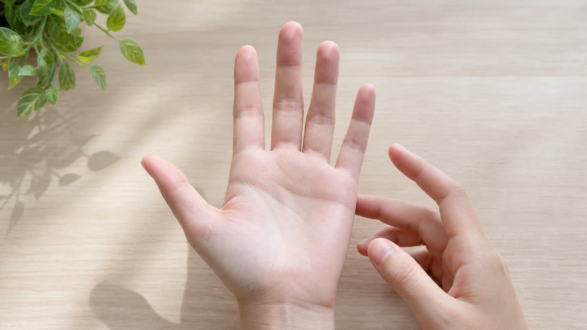 机の上で手のひら全体と指の長さのバランスを観察している様子