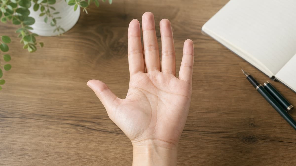木の机の上で自然に開いた手のひらを観察する様子
