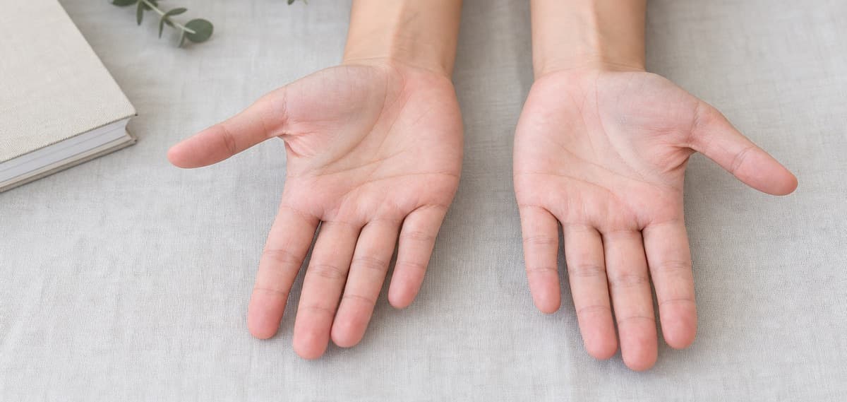 明るい布の上で左右の手のひらを並べて見比べる様子