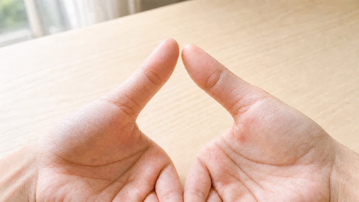 自然光の下で左右の親指の第一関節にある目のような形を見比べている様子