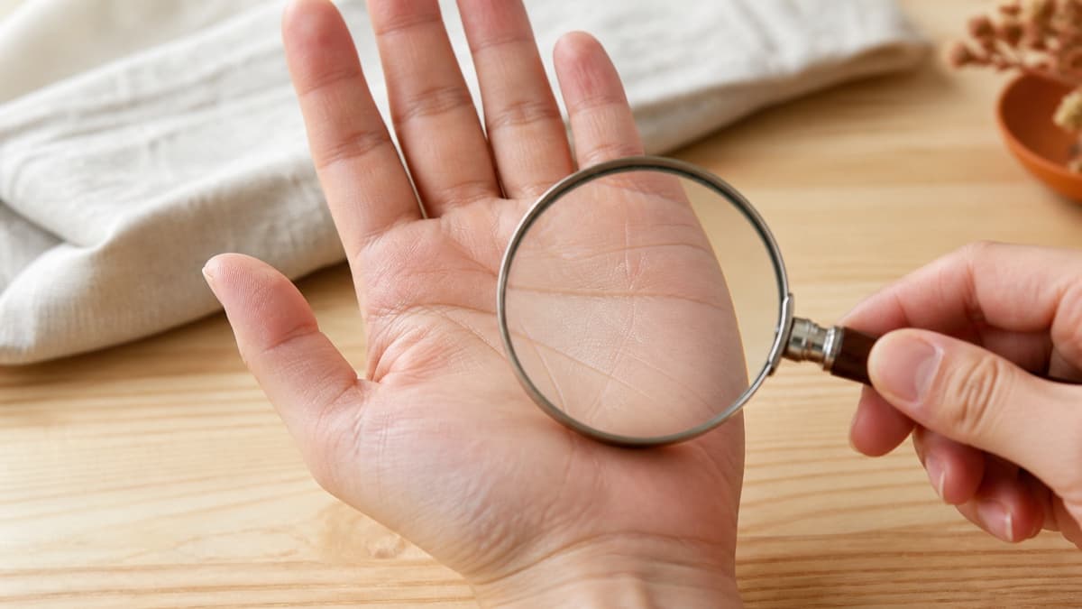 自然光の下で手のひらに集まる複数の縦線と横線を観察している様子
