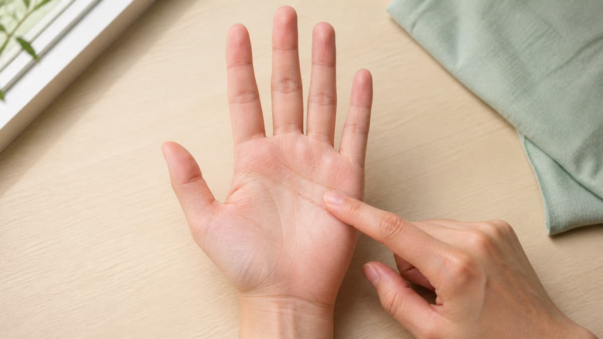 自然光の下で手のひらの主線に沿って続く小さな囲みを観察している様子