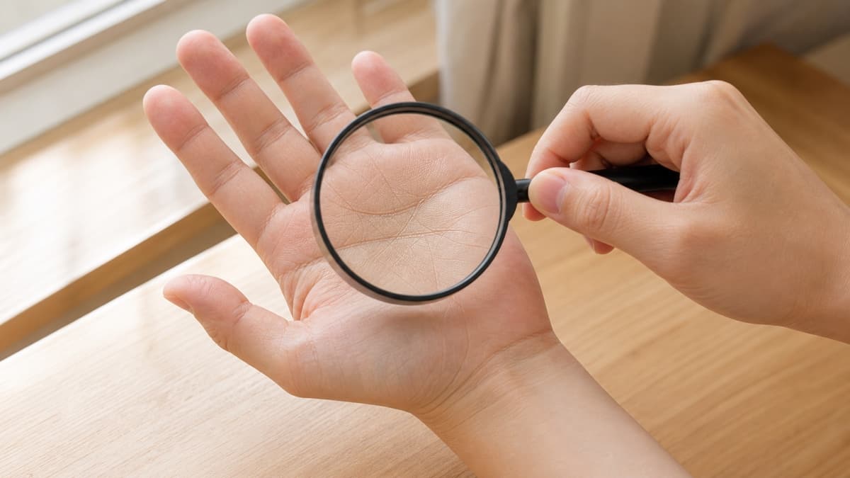 自然光の下で手のひらの短い線が交差する場所をルーペ越しに観察している様子