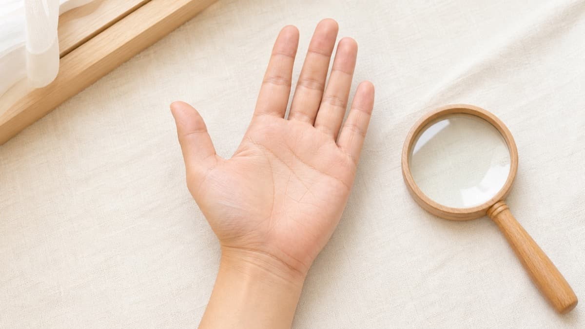 自然光の下で手のひらにある四本の短い線が囲む四角い形を確認している様子